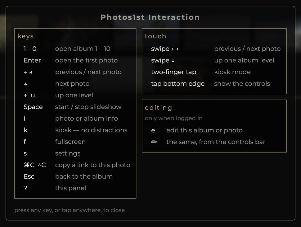 The help panel listing keys, touch gestures and editing shortcuts