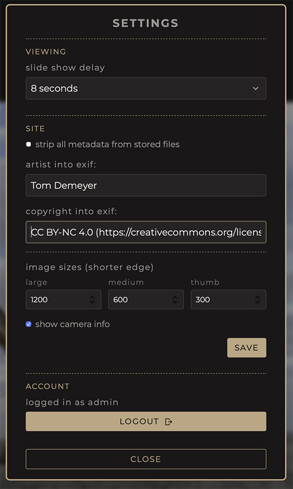 The settings window with its viewing, site and account sections